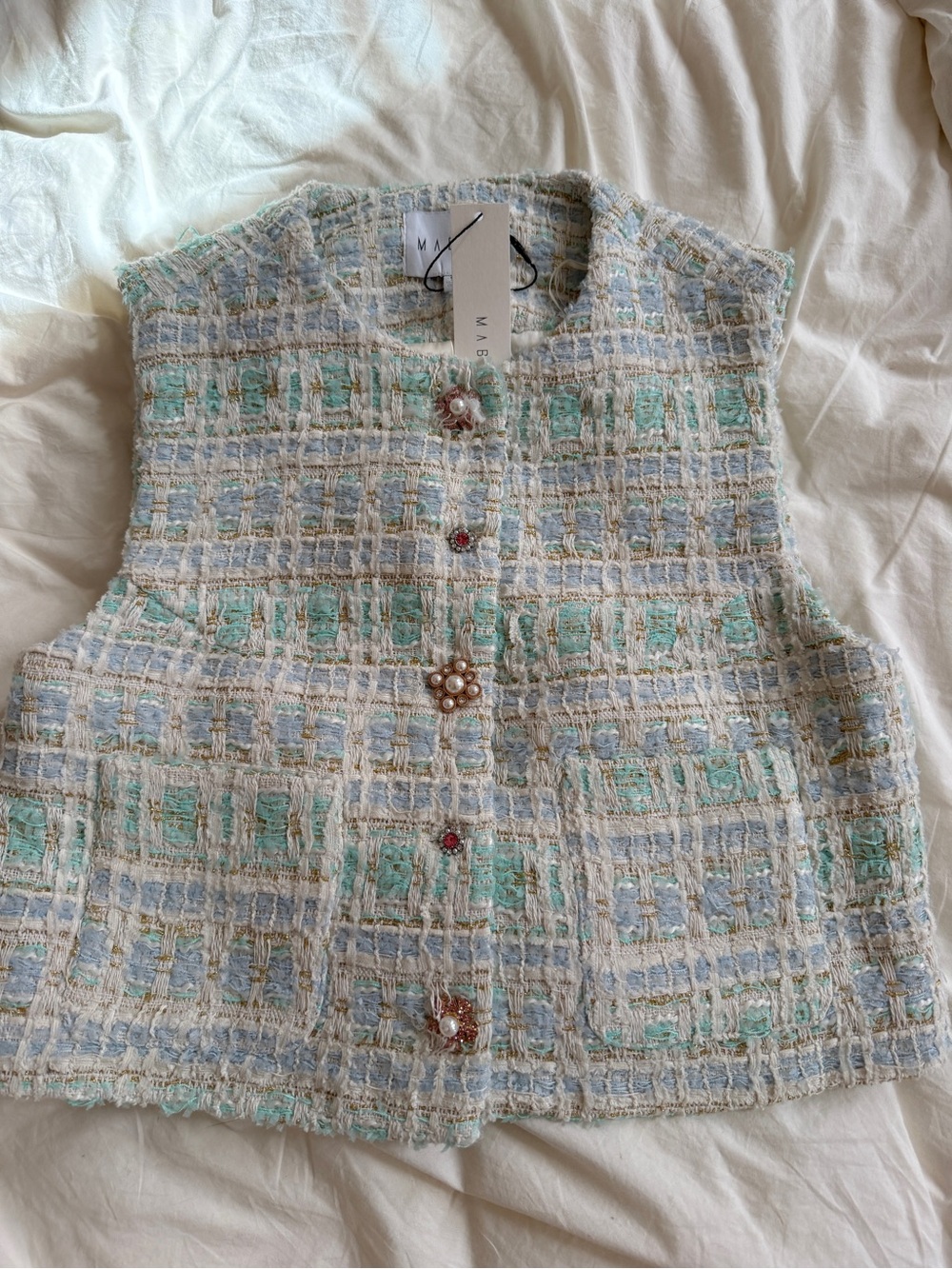 adidas Sleeveless Tweed Crop Top in Mint & Ivory - Picture 5 of 5